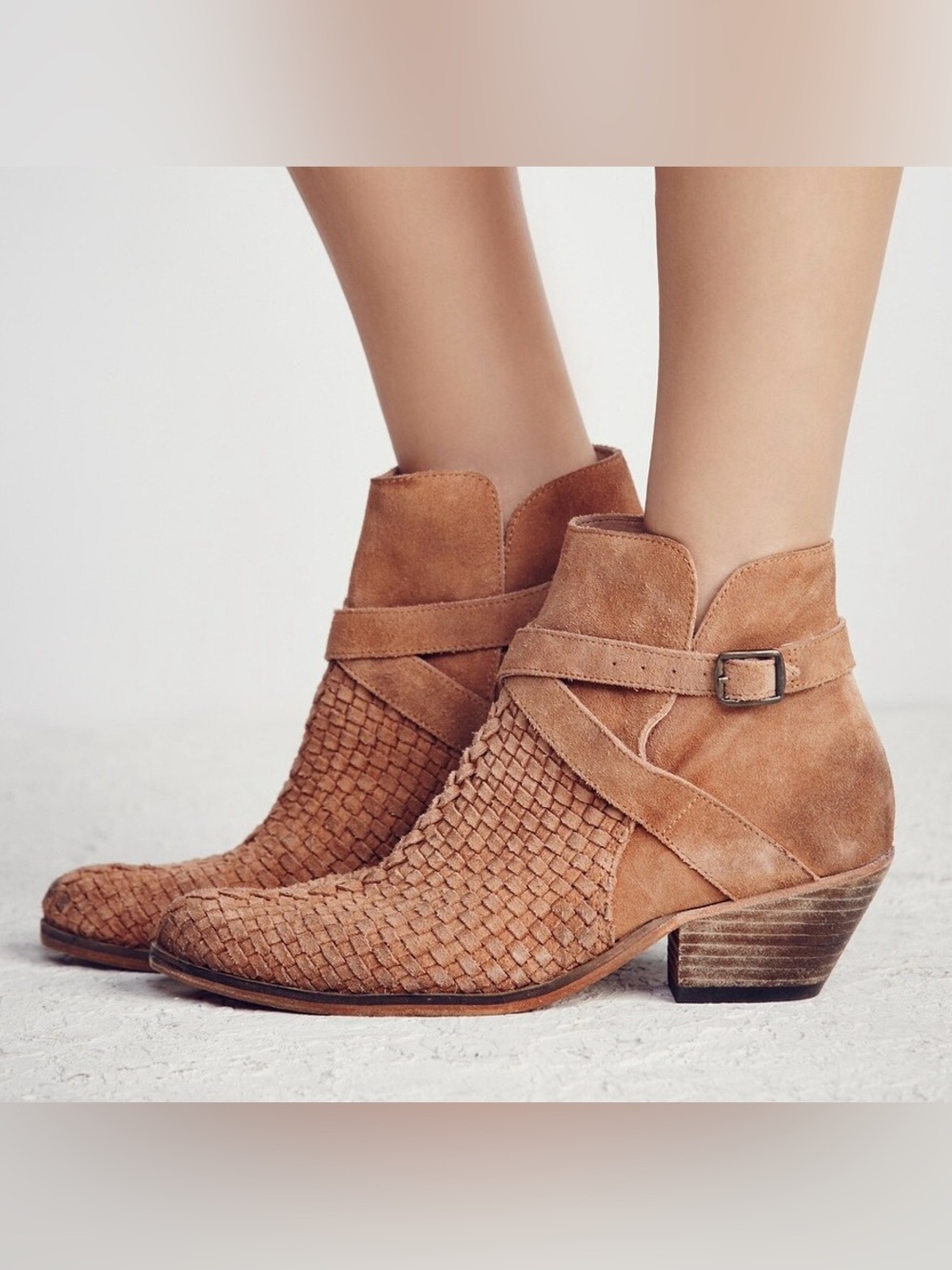 Free People Suede Leather Tan Woven Ankle Booties